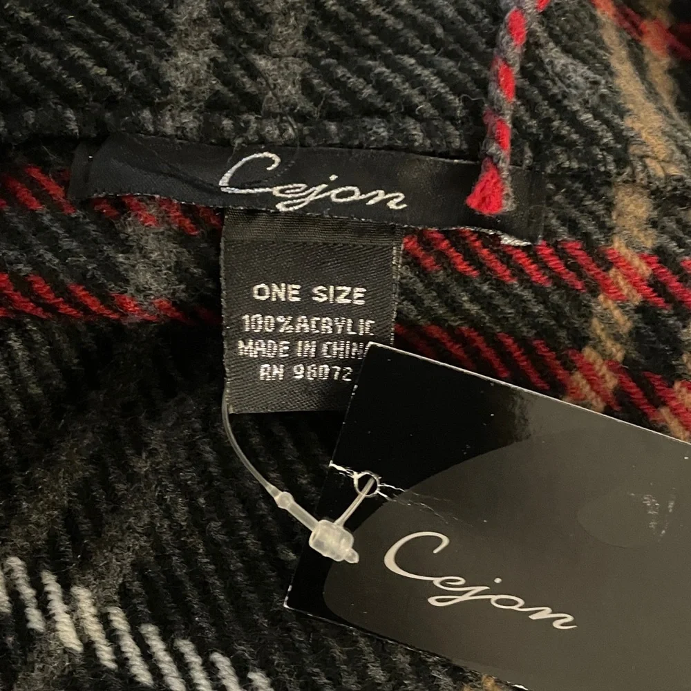Winter Plaid Scarf Infinity Fringe Grey Plaid (Tan, Red, White) 60 x 10  NWT